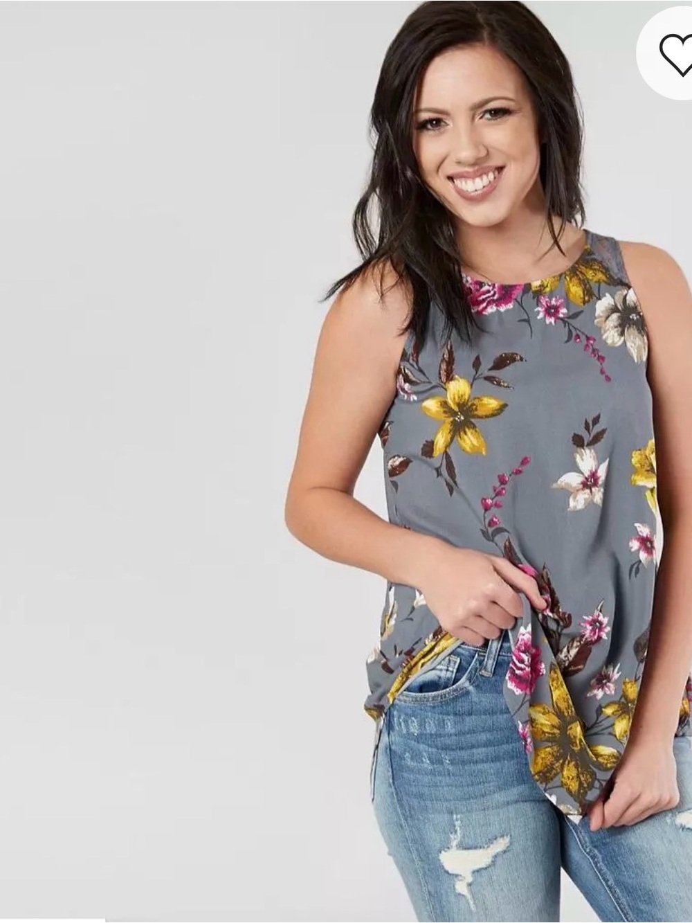905. Gypsies & Moondust Buckle Gray Floral Sleeveless Blouse w/Yellow & Pink